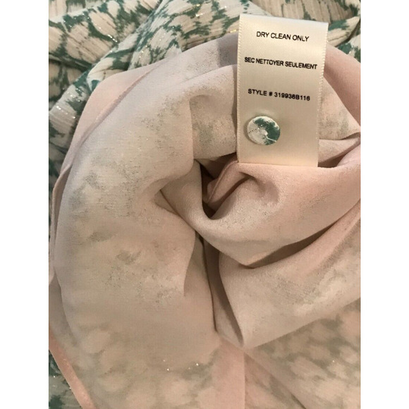 Rebecca Taylor Ikat Lurex Metallic Green/White Leaf Ruffle Blouse - Size 2 - Picture 12 of 12